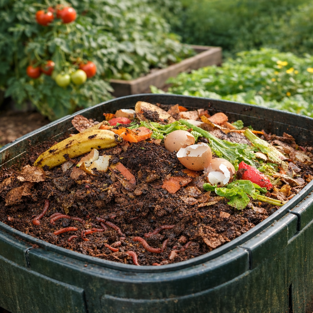 compost bin with food and worms